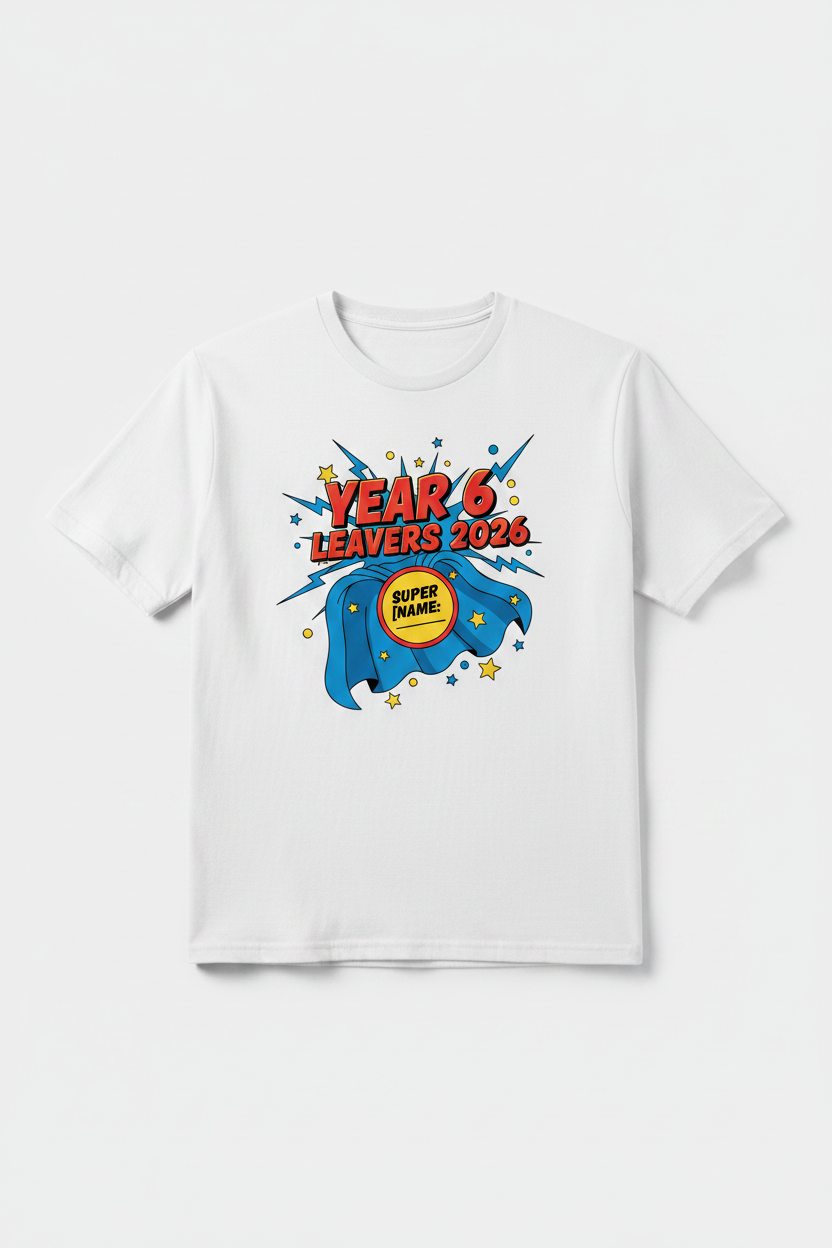 Year 6 Leavers 2026 Superhero T-Shirt – White Flat Lay