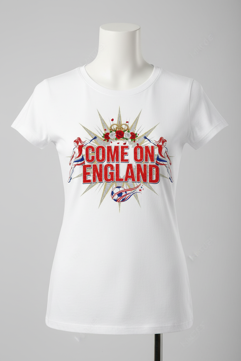 Women's Come On England glam sparkle white t-shirt ghost mannequin