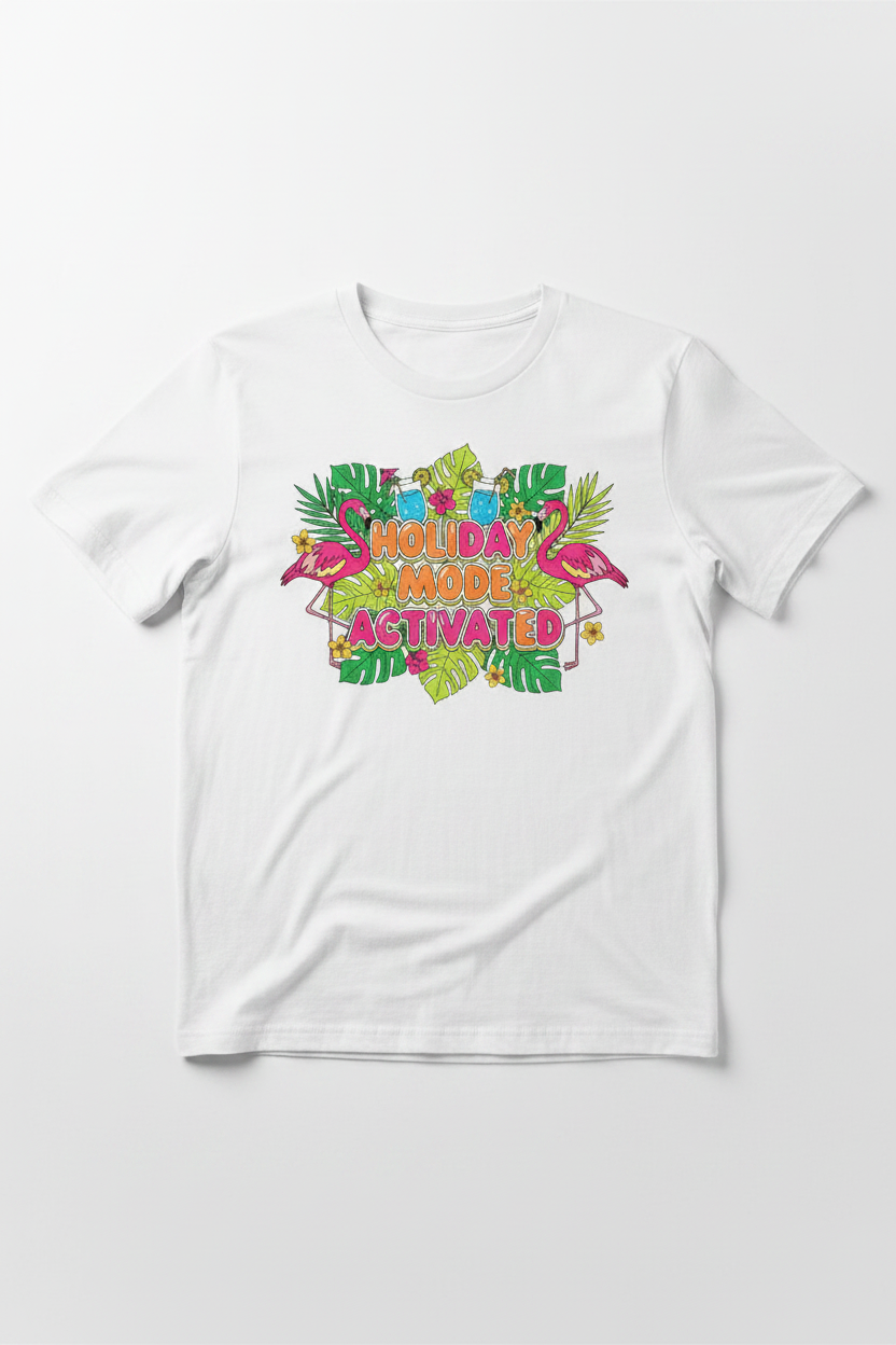 Holiday Mode Activated tropical flamingo white t-shirt flat lay