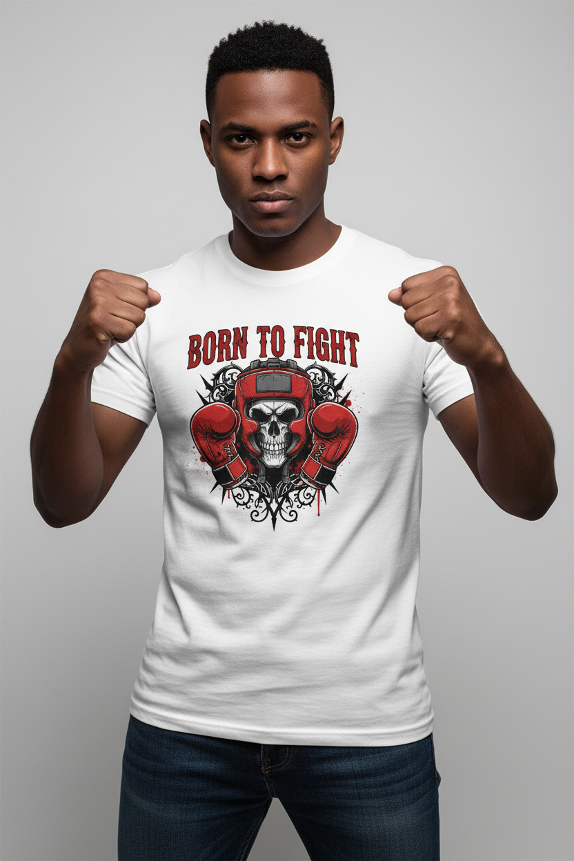 Born to Fight boxing t-shirt in white worn by model
