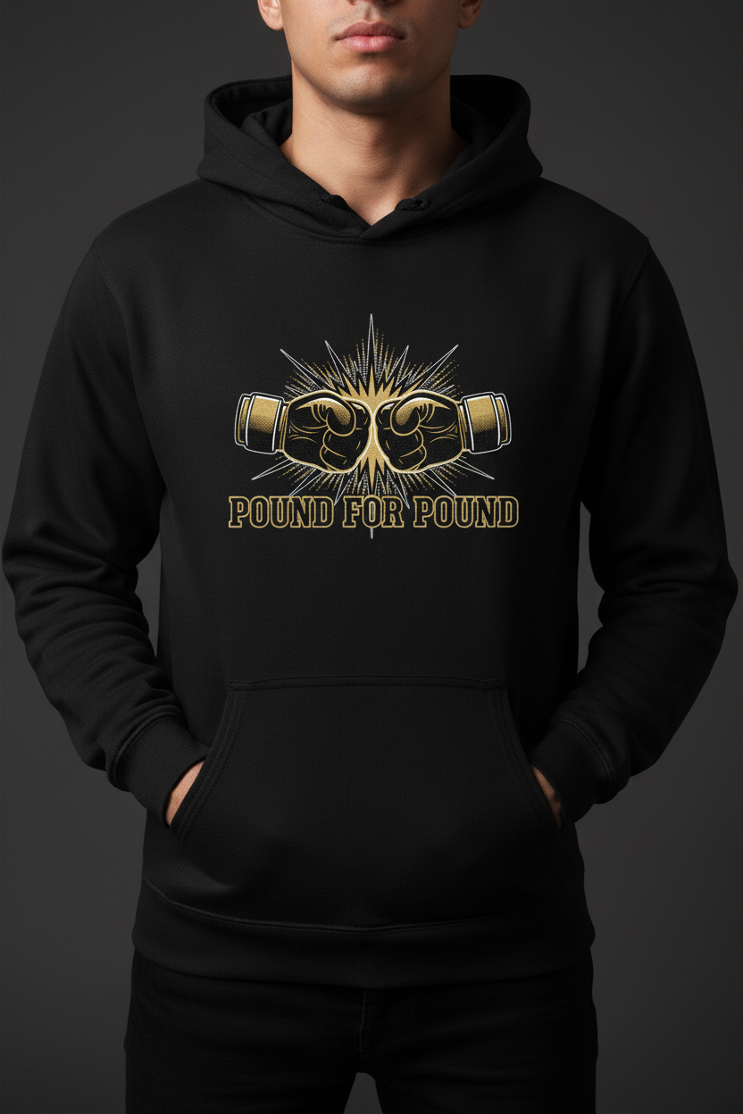 Pound for Pound boxing hoodie in black worn by model