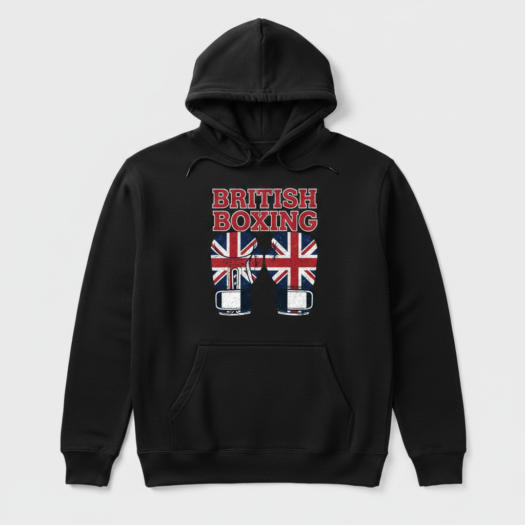 British Boxing hoodie in black, flat lay product photo