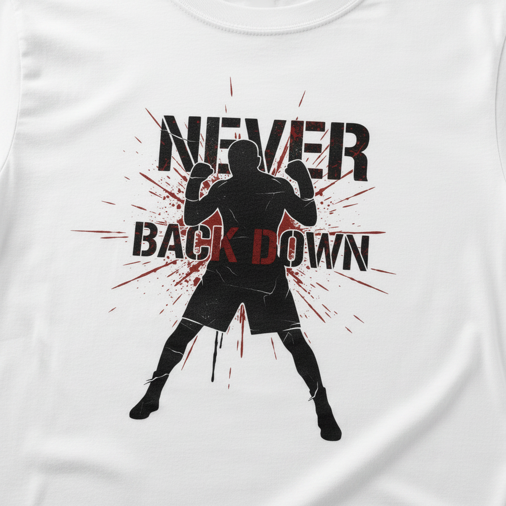 Never Back Down boxing t-shirt print close up detail