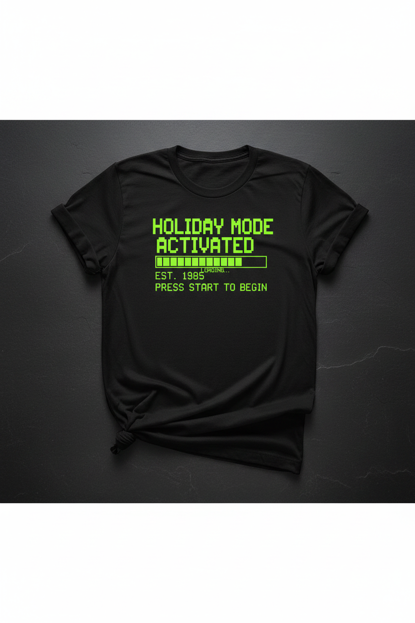 Holiday Mode Activated retro pixel black t-shirt flat lay mockup
