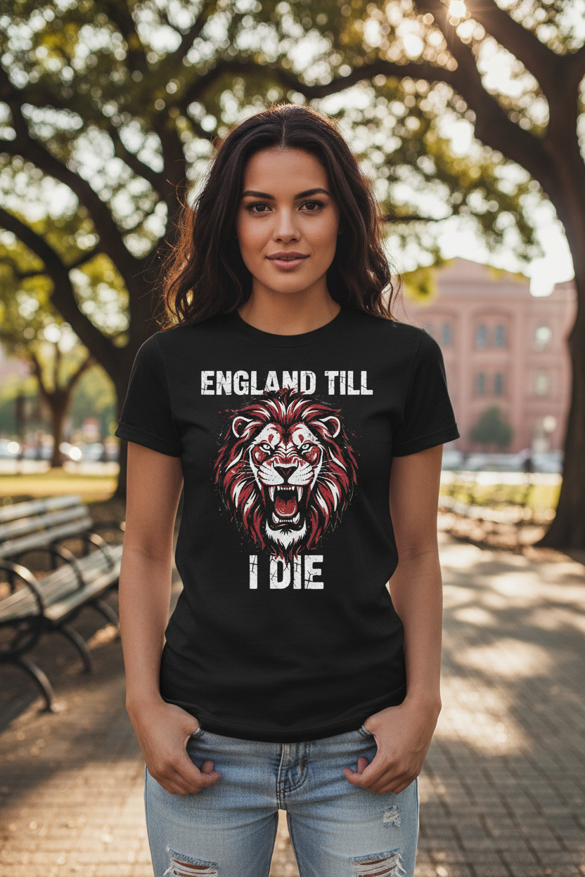 England Till I Die Grunge Lion T-Shirt - Female Model Black