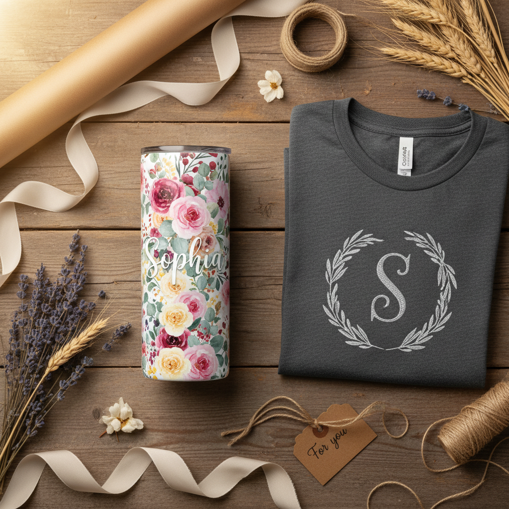 Personalised Tumbler and T-Shirt Bundle - Lifestyle flat lay