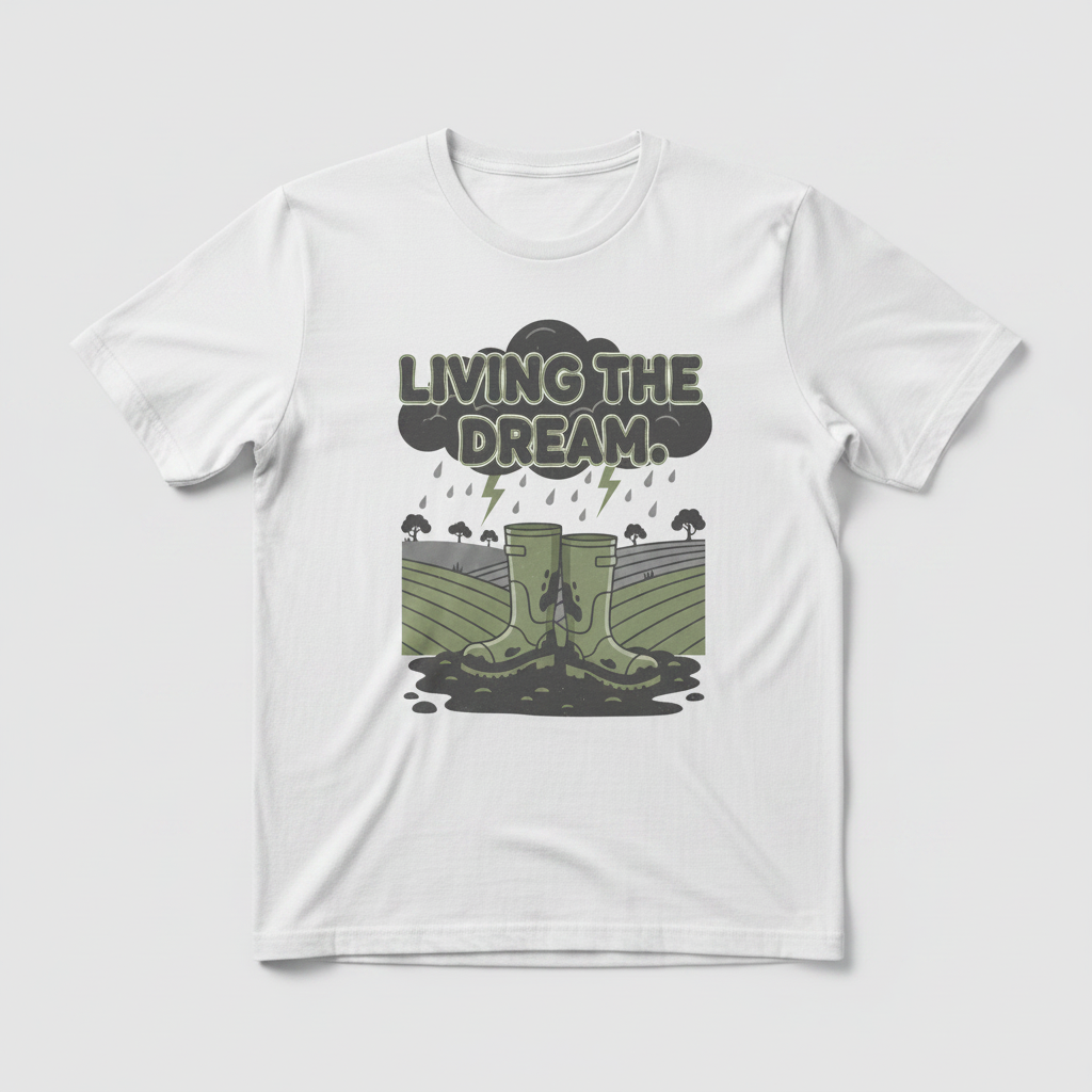 Living The Dream Farming T-Shirt - White flat lay mockup