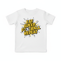 Eat Sleep Football Repeat comic book style kids white t-shirt flat lay