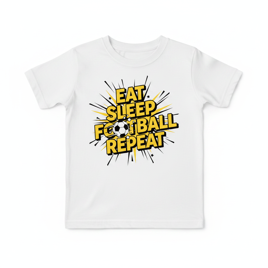 Eat Sleep Football Repeat comic book style kids white t-shirt flat lay
