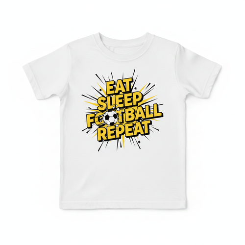 Eat Sleep Football Repeat comic book style kids white t-shirt flat lay