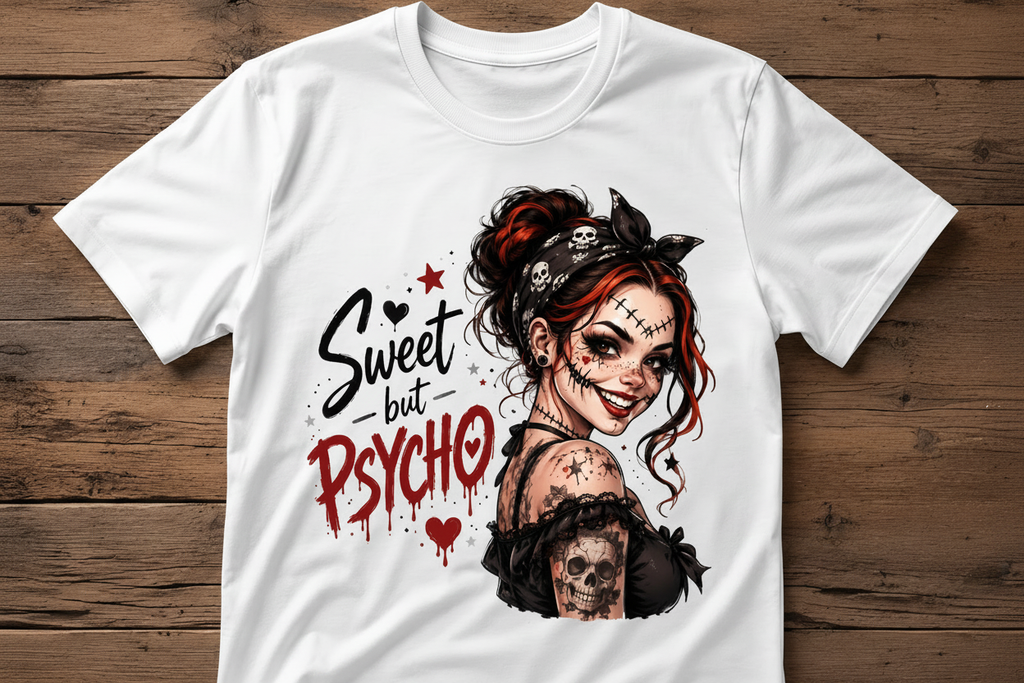 Sweet But Psycho gothic women's t-shirt flat lay on wood