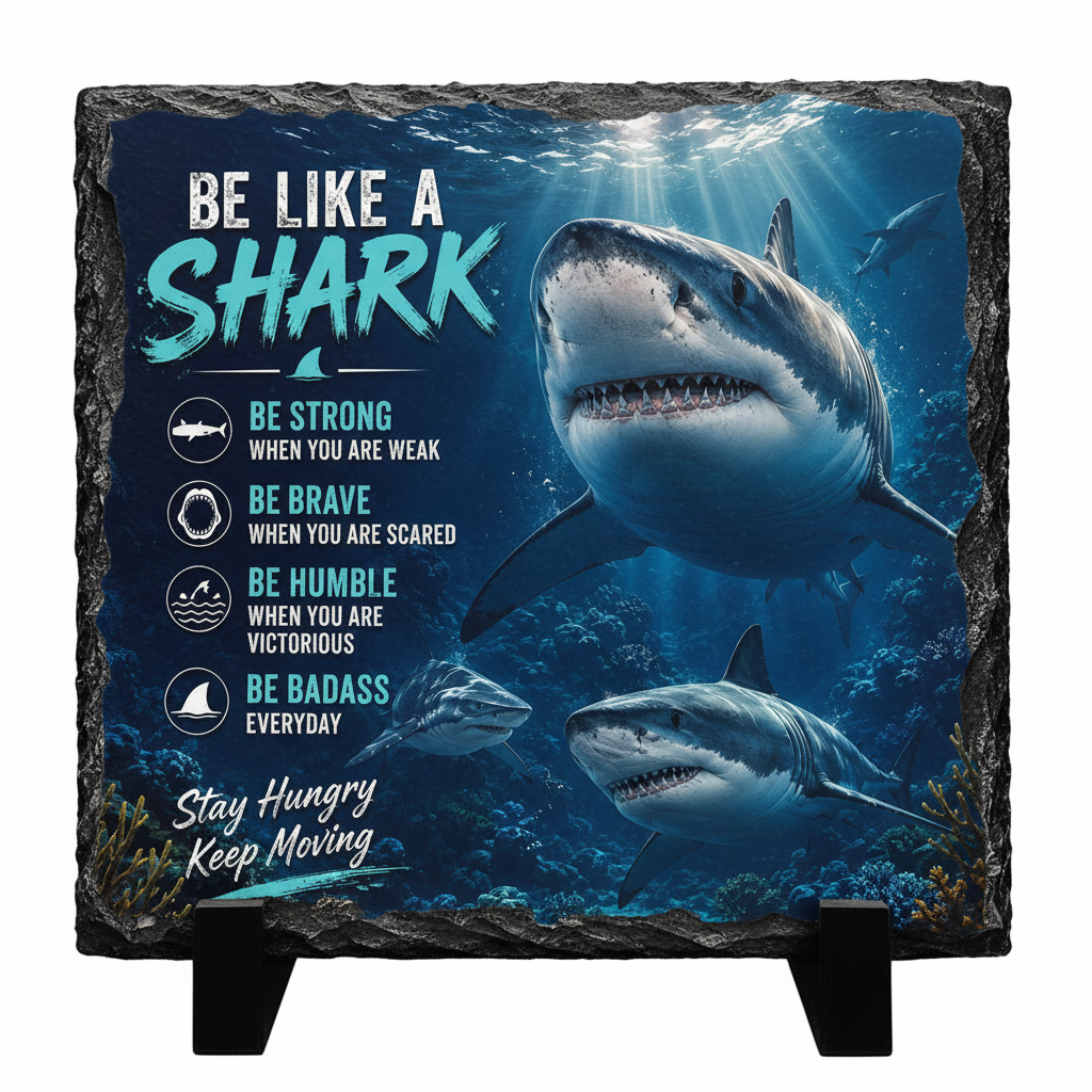 Be Like A Shark circle slate plaque with black stands