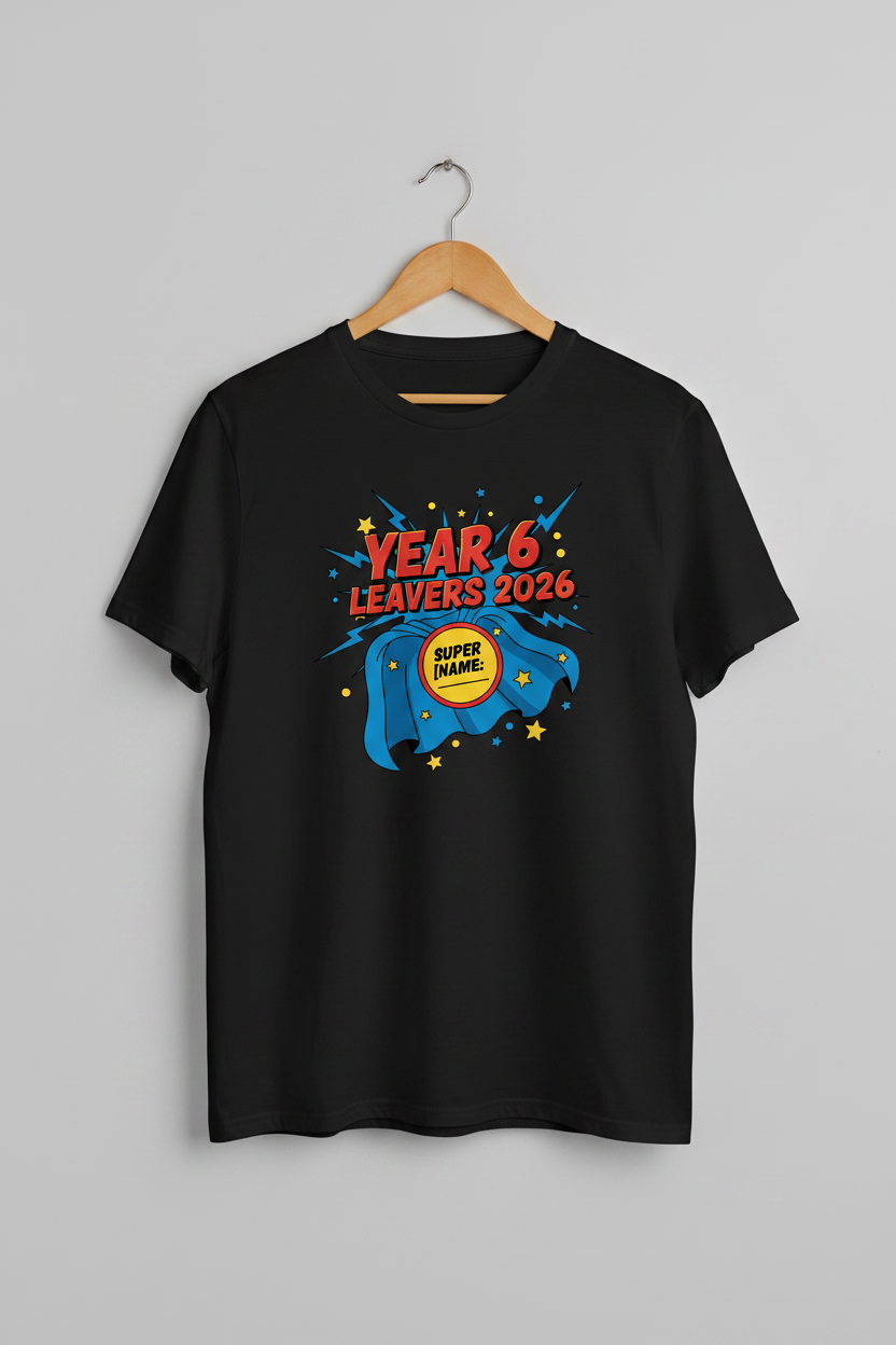 Year 6 Leavers 2026 Superhero T-Shirt – Black Hanger