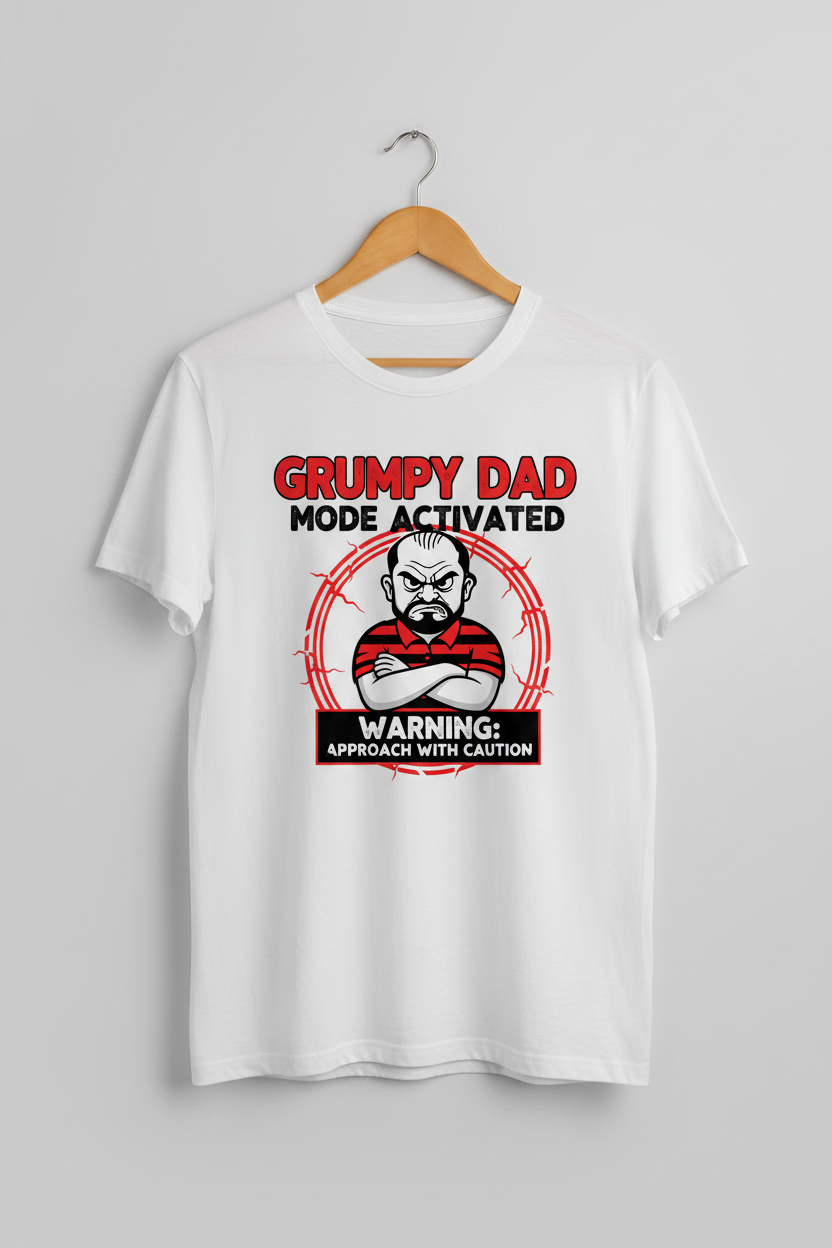 Grumpy Dad Mode Activated white t-shirt on hanger