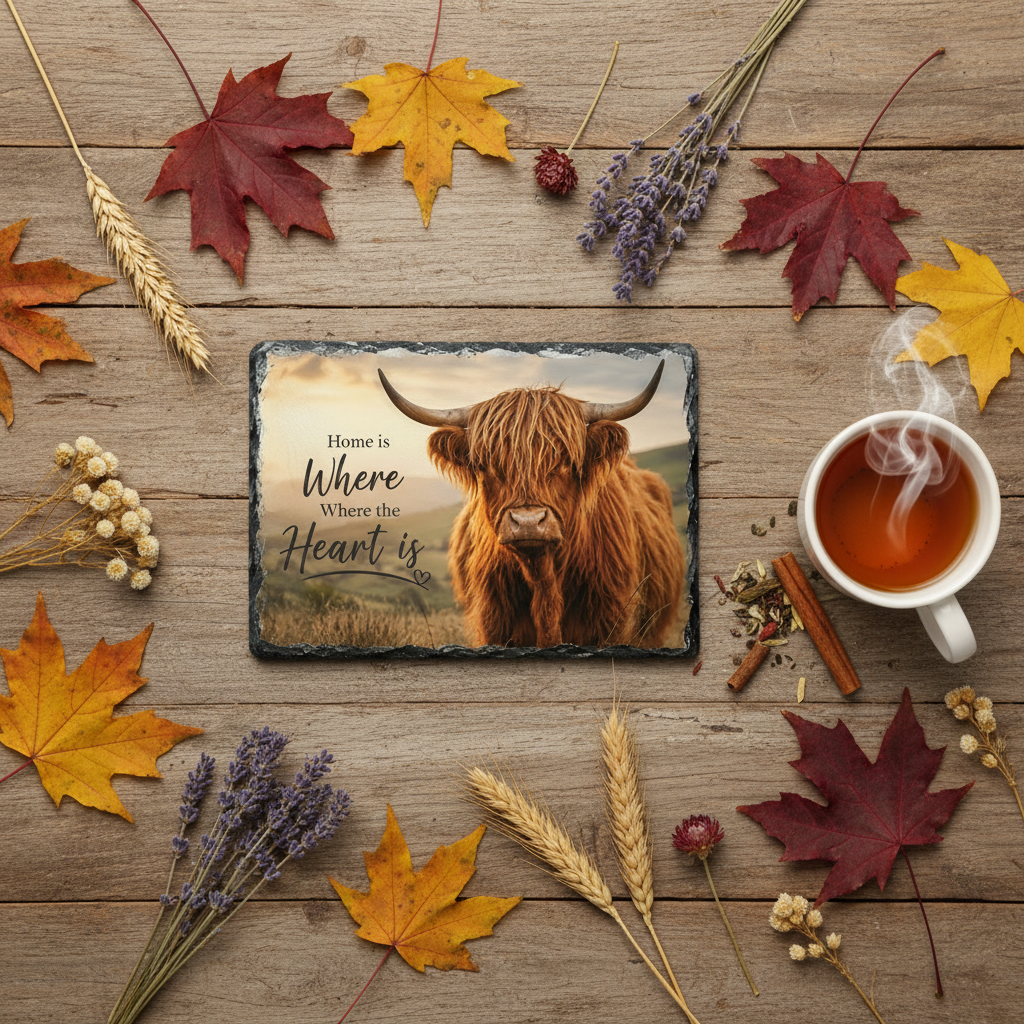 Highland Cow Slate autumn flat lay with tea