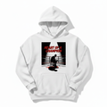 Heart of a Champion boxing hoodie in white, flat lay product photo