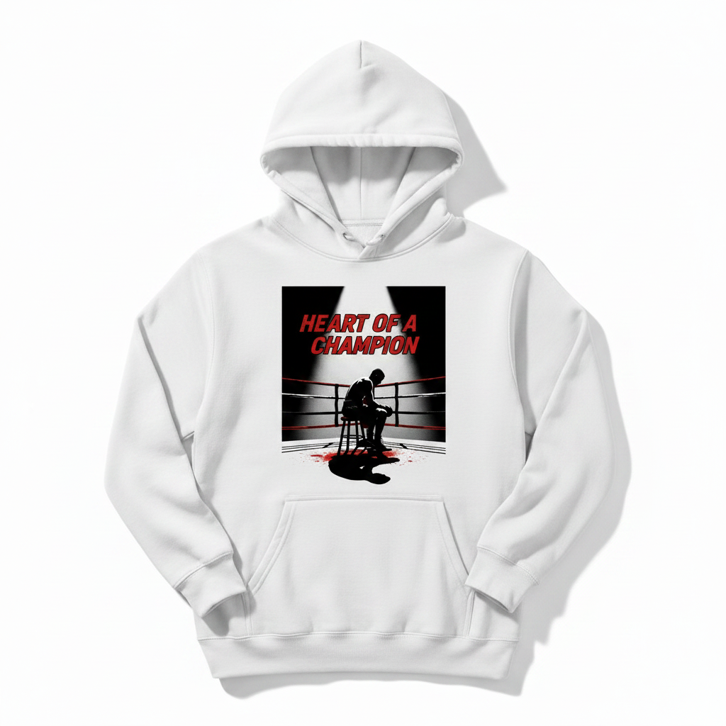 Heart of a Champion boxing hoodie in white, flat lay product photo