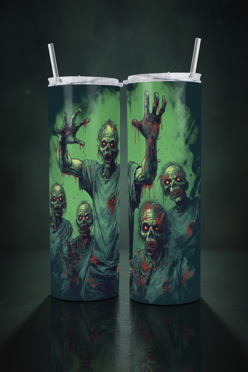 Two tall insulated tumblers with white lids and clear straws, printed with a horror zombie graphic featuring multiple green-skinned figures with red blood details, shown on a dark reflective background.
