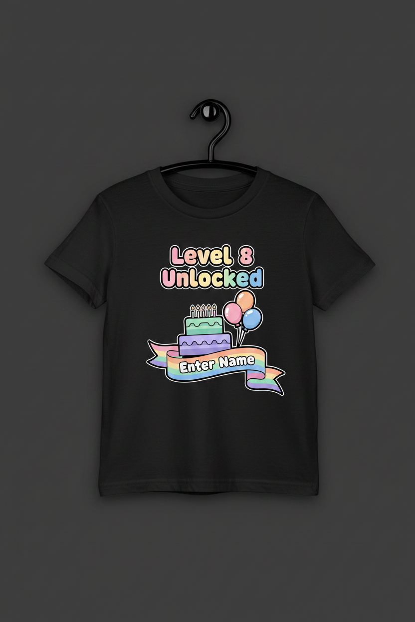Level 8 Unlocked pastel cartoon birthday t-shirt - black hanger