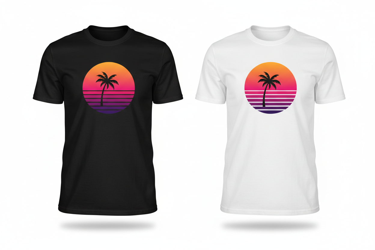 Retro Vaporwave Sunset Tee - Black and White Side by Side