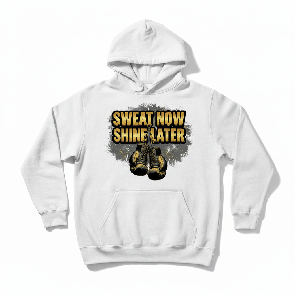 Sweat Now Shine Later boxing hoodie in white, flat lay product photo