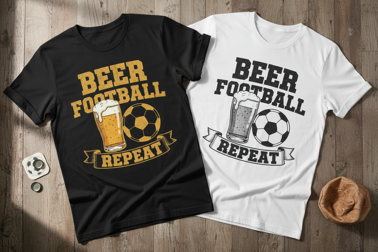 Beer Football Repeat T-Shirt - Black and White Side by Side