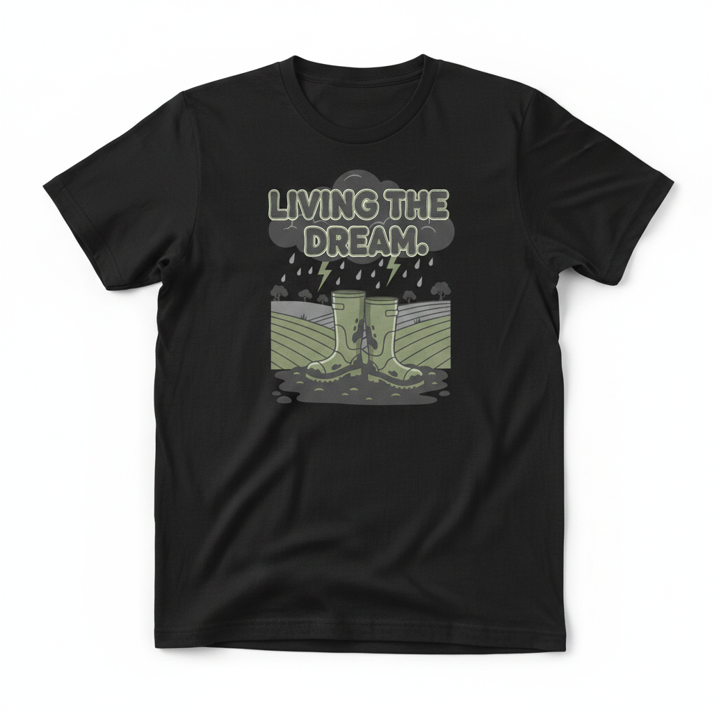 Living The Dream Farming T-Shirt - Black flat lay mockup