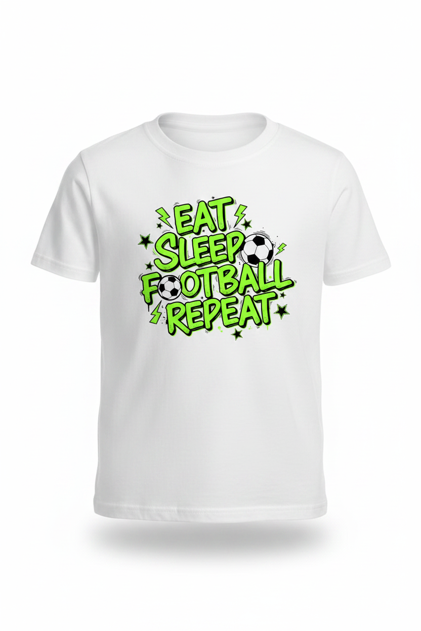 Eat Sleep Football Repeat neon street style kids white t-shirt ghost mannequin