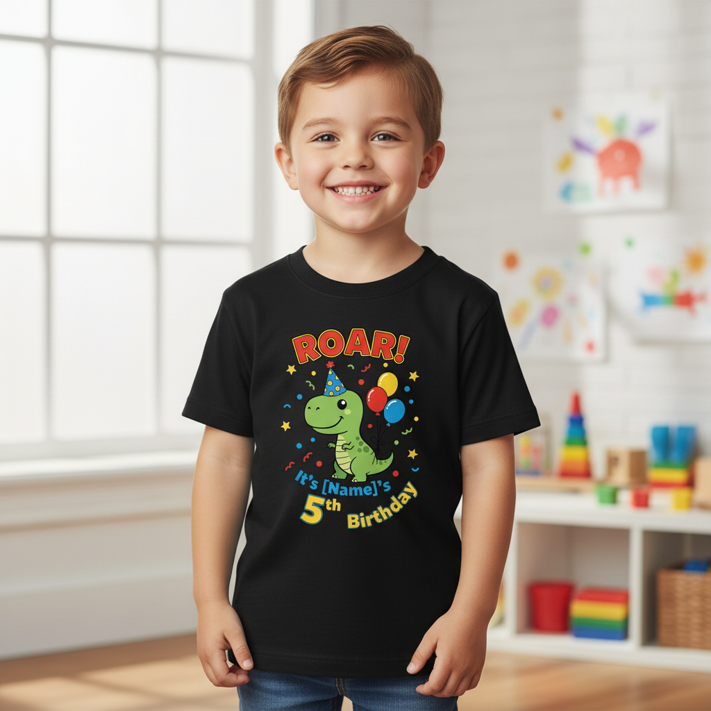 Personalised Dinosaur Birthday T-Shirt - Black Kids Model