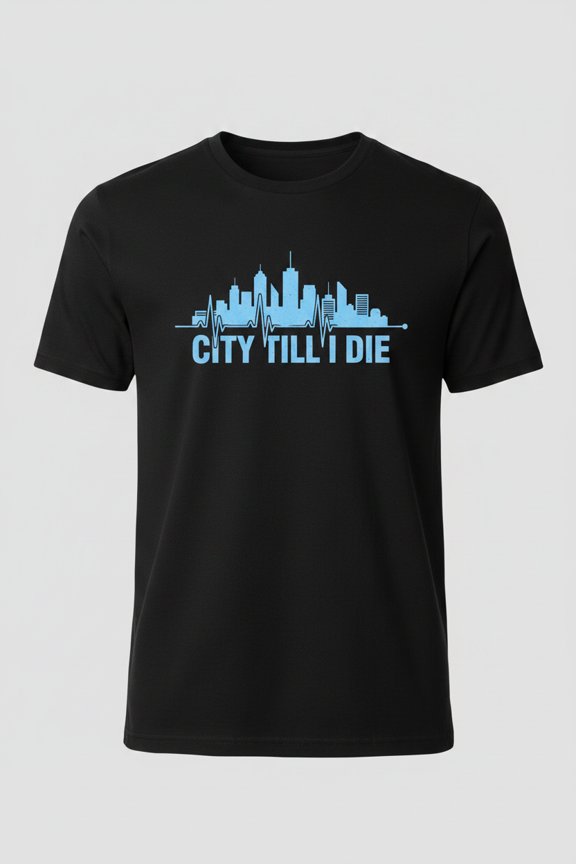 City Till I Die skyline design – black t-shirt ghost mannequin front view