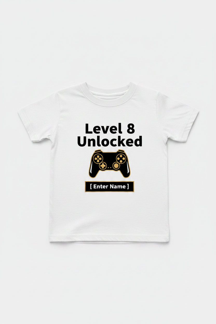 Level 8 Unlocked minimalist birthday t-shirt white flat lay