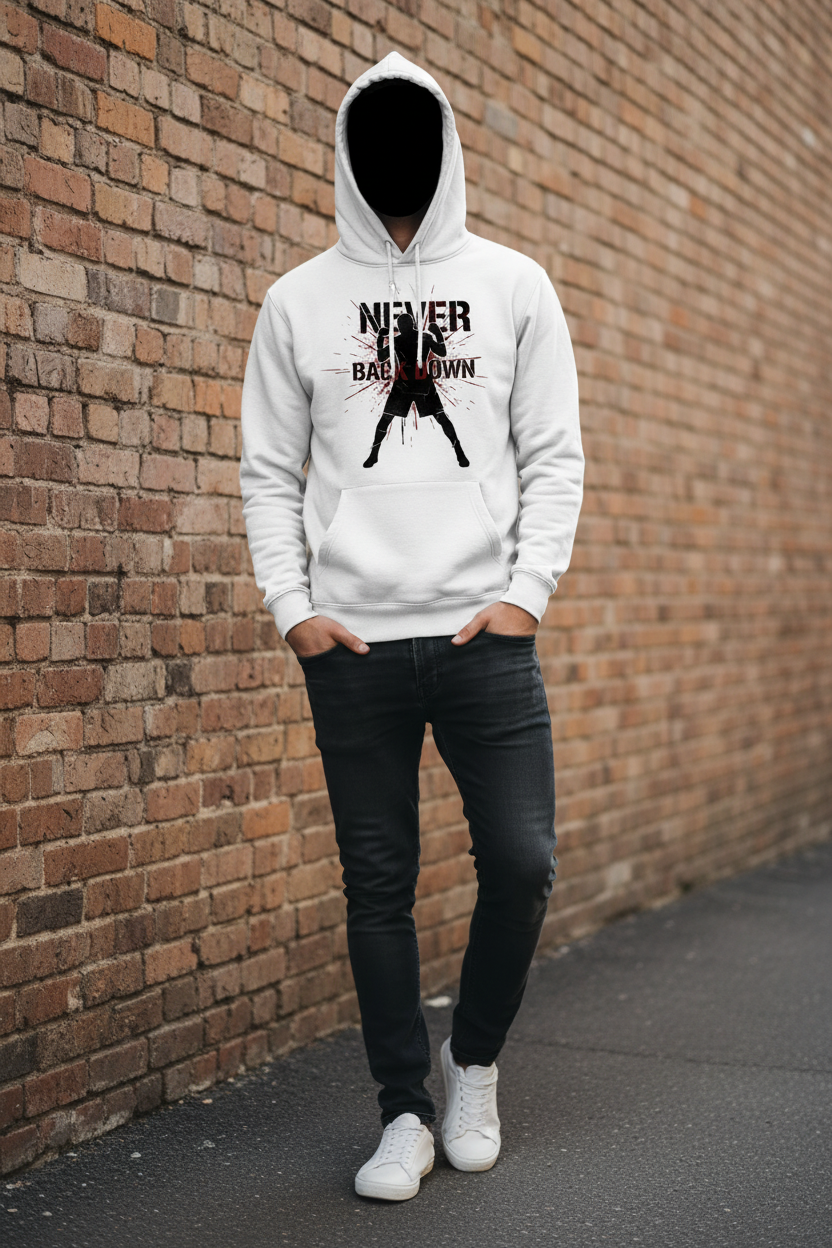 Never Back Down boxing hoodie in white worn by model, street lifestyle shot