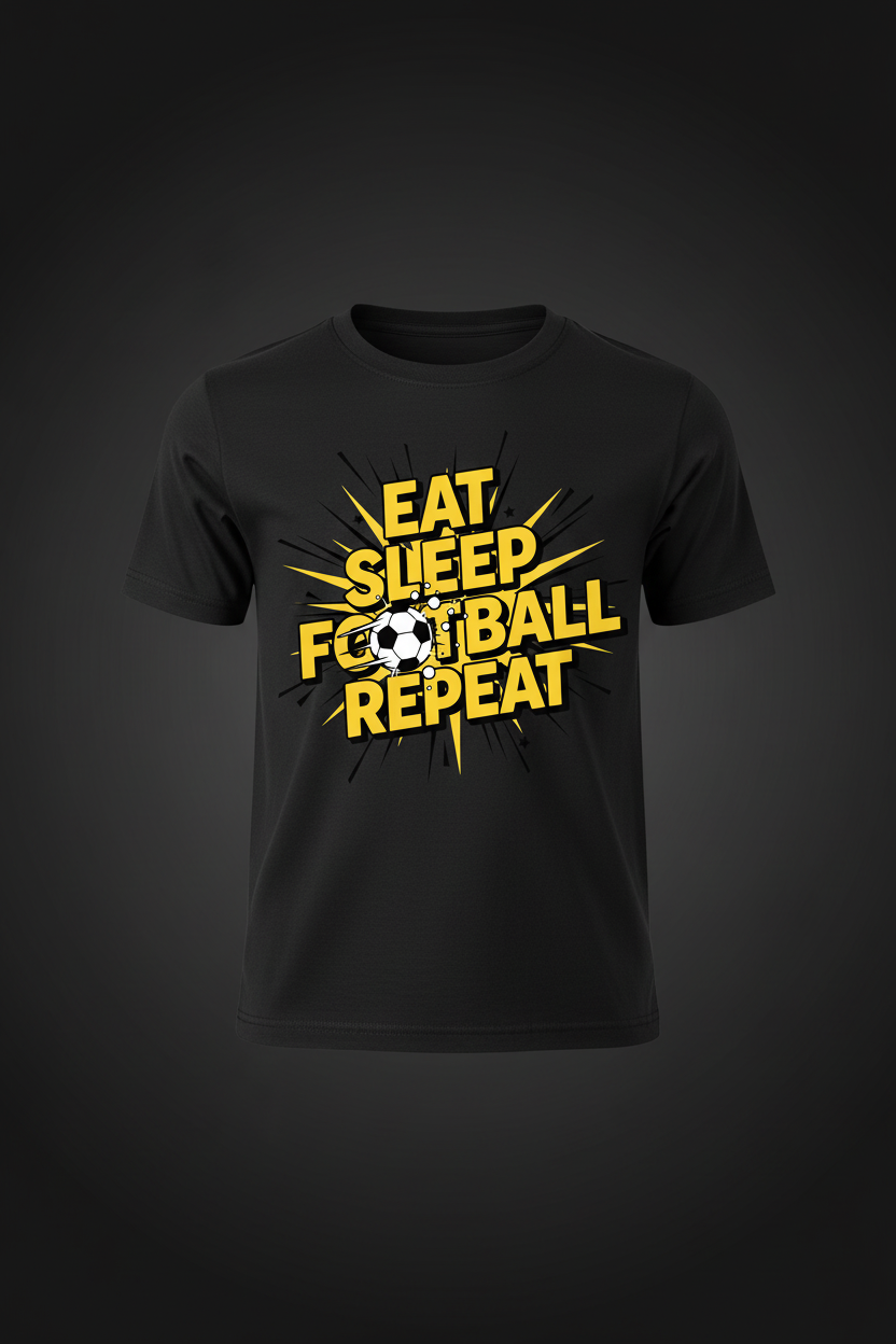 Eat Sleep Football Repeat comic book style kids black t-shirt ghost mannequin