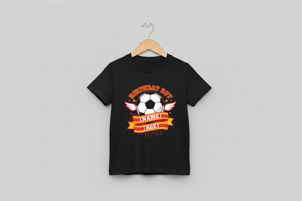 Personalised Football Birthday Boy T-Shirt - Black on Hanger
