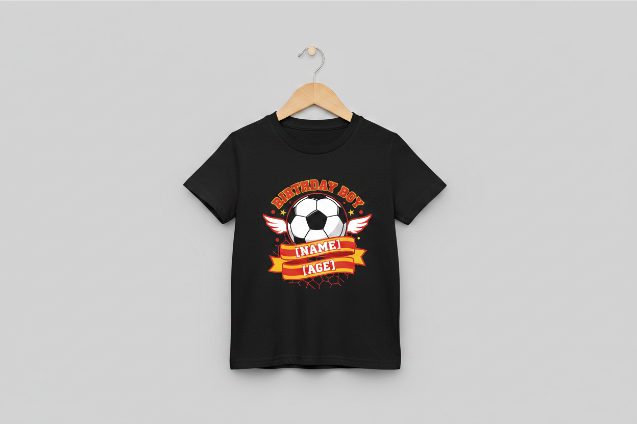 Personalised Football Birthday Boy T-Shirt - Black on Hanger