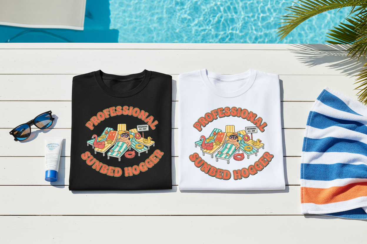 Professional Sunbed Hogger t-shirt black and white poolside flat lay