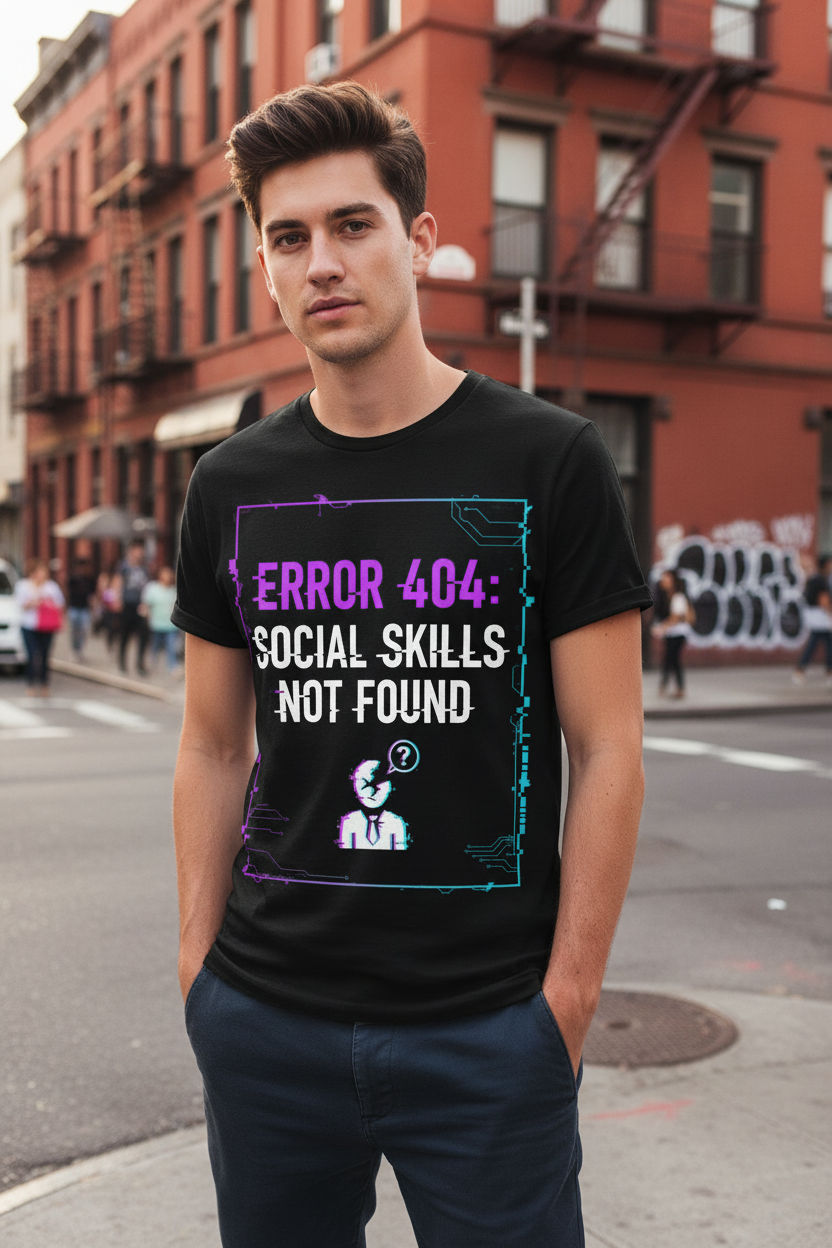 Error 404 Social Skills Not Found IT T-Shirt black male model lifestyle