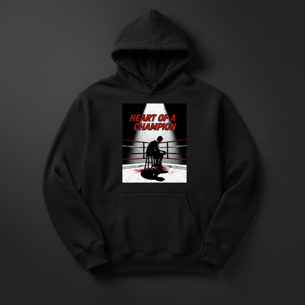 Heart of a Champion boxing hoodie in black, flat lay product photo