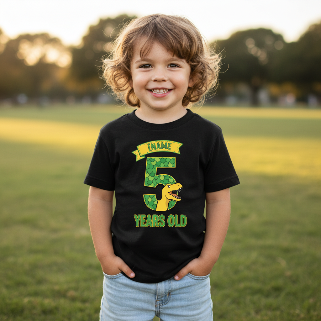 Personalised Dinosaur Birthday Age Number T-Shirt - Black Kids Model