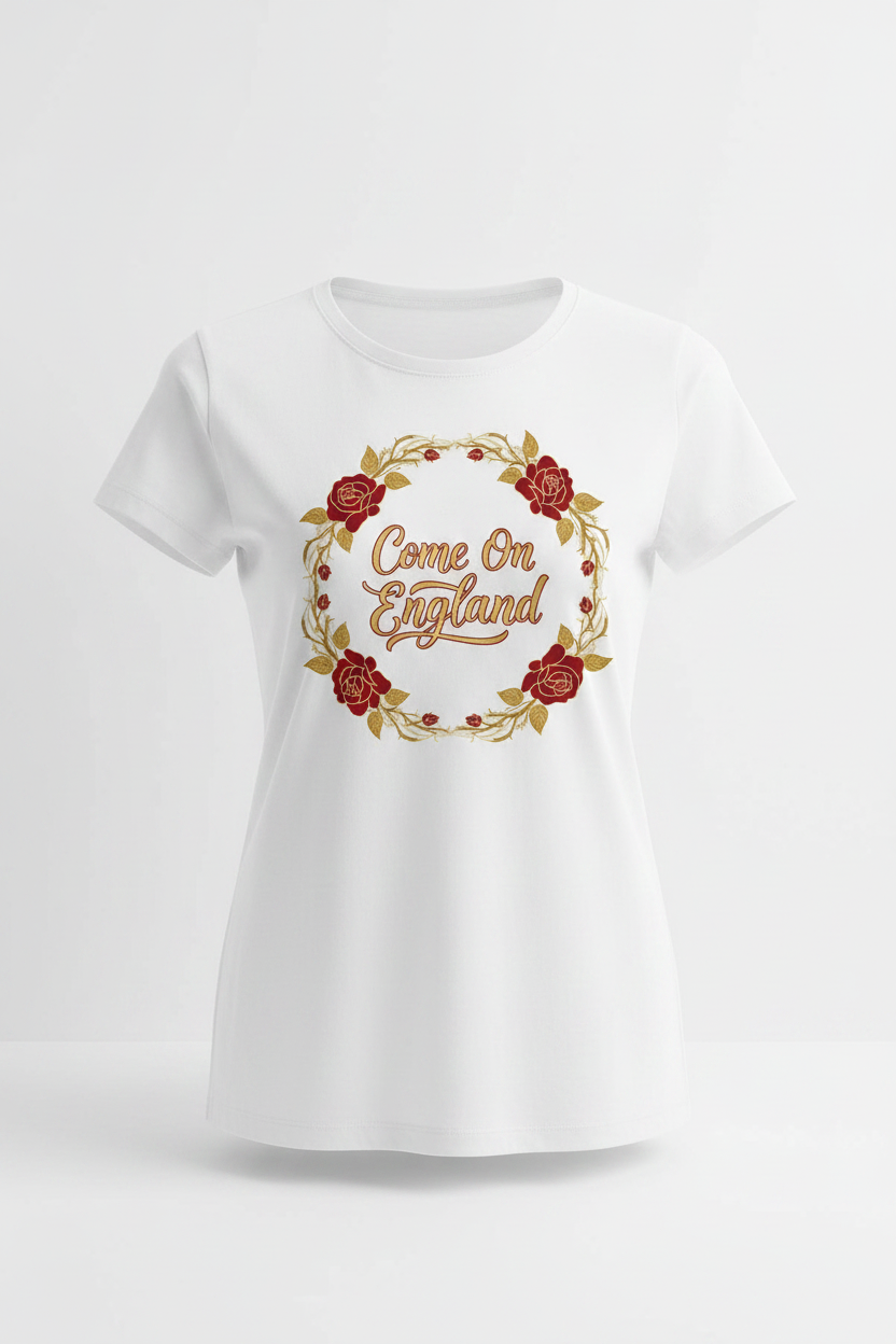 Women's Come On England rose wreath white t-shirt ghost mannequin