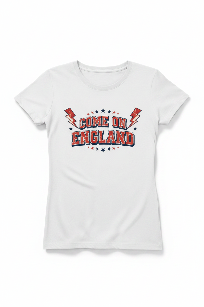Women's Come On England retro varsity white t-shirt flat lay