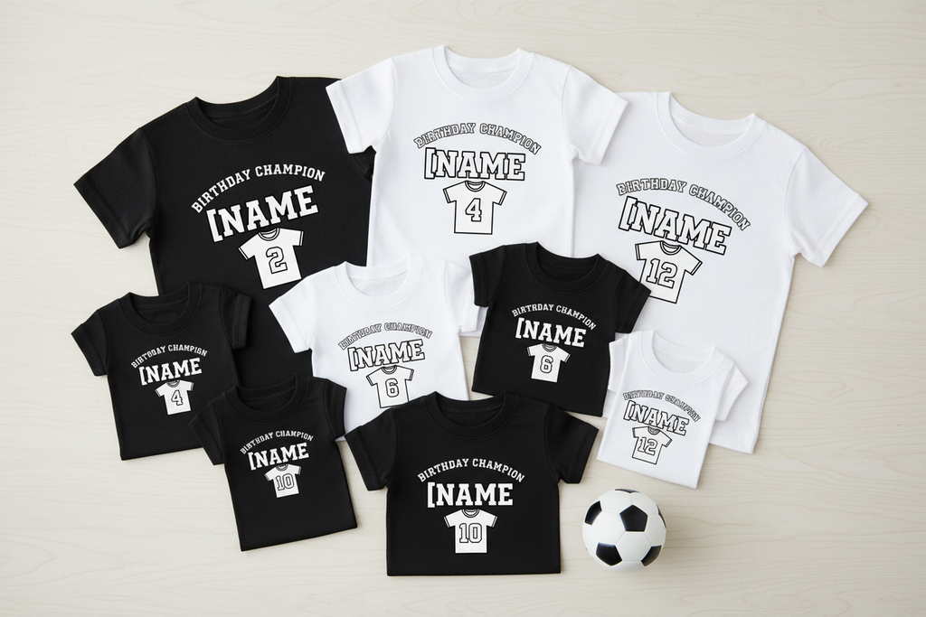 Personalised Football Birthday Champion T-Shirt - Size Range Flat Lay