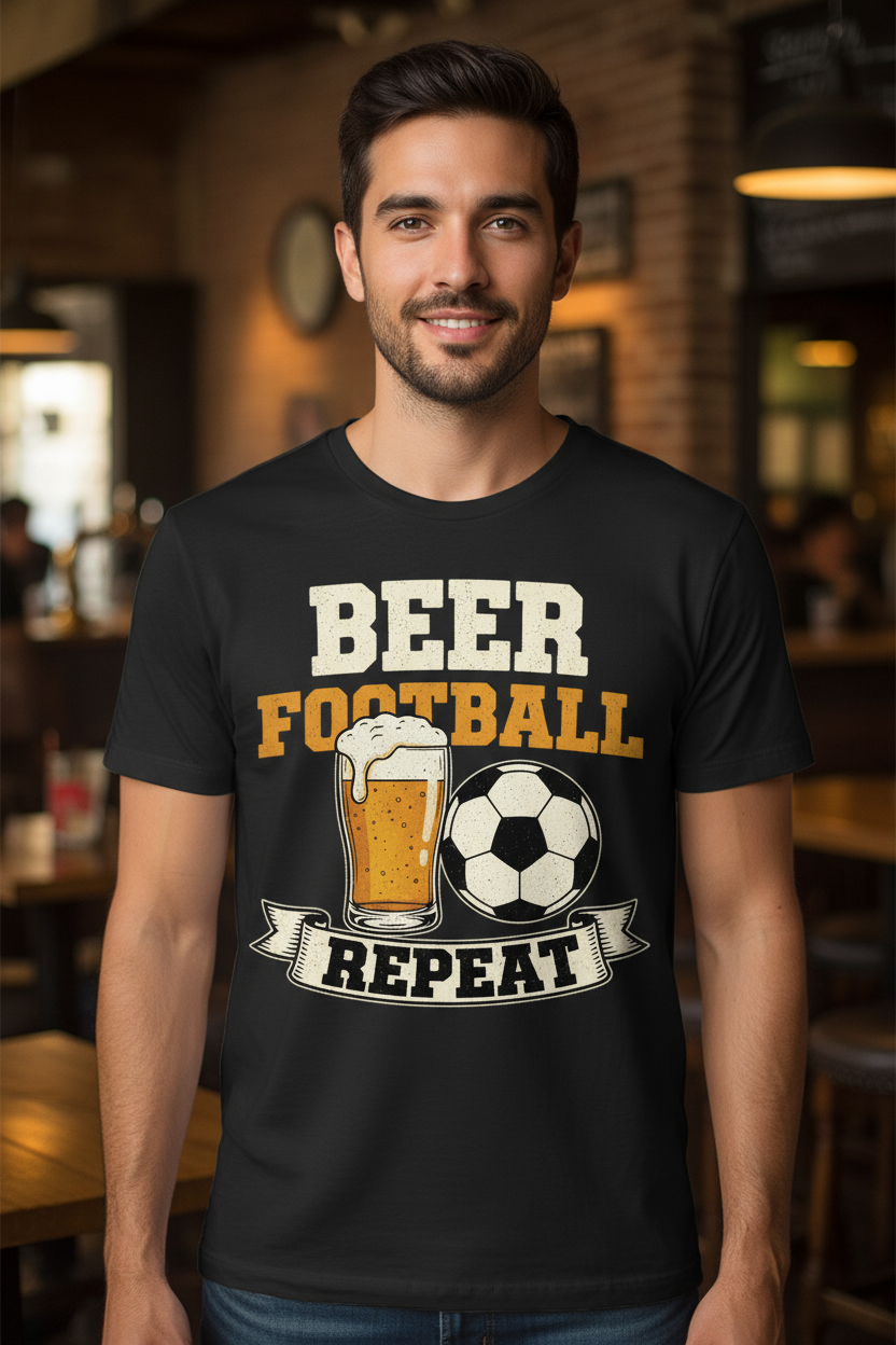 Beer Football Repeat T-Shirt - Black Model Shot
