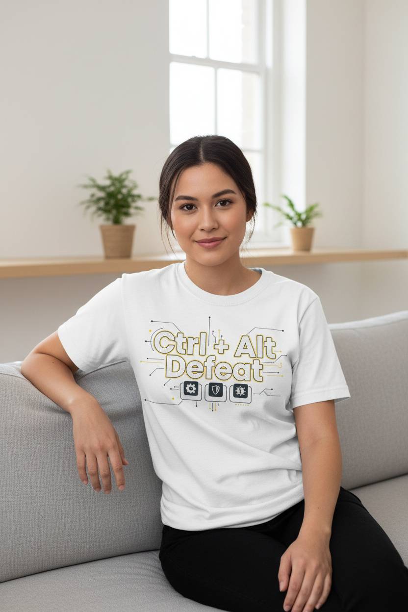 Ctrl Alt Defeat IT T-Shirt white female model lifestyle