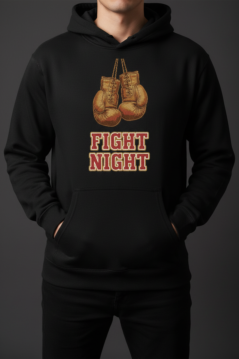Fight Night boxing hoodie in black worn by model