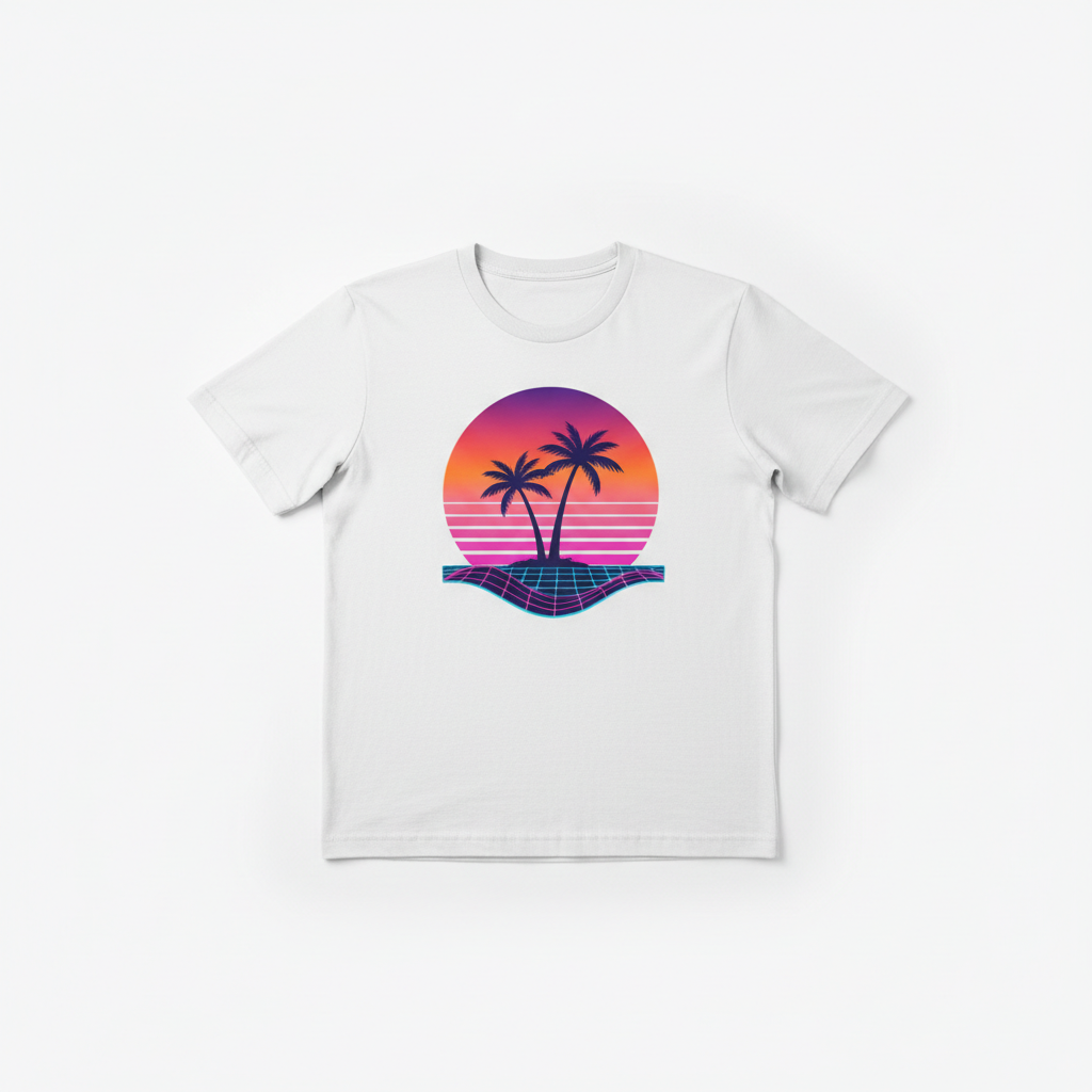Retro Vaporwave Sunset Tee - White Flat Lay