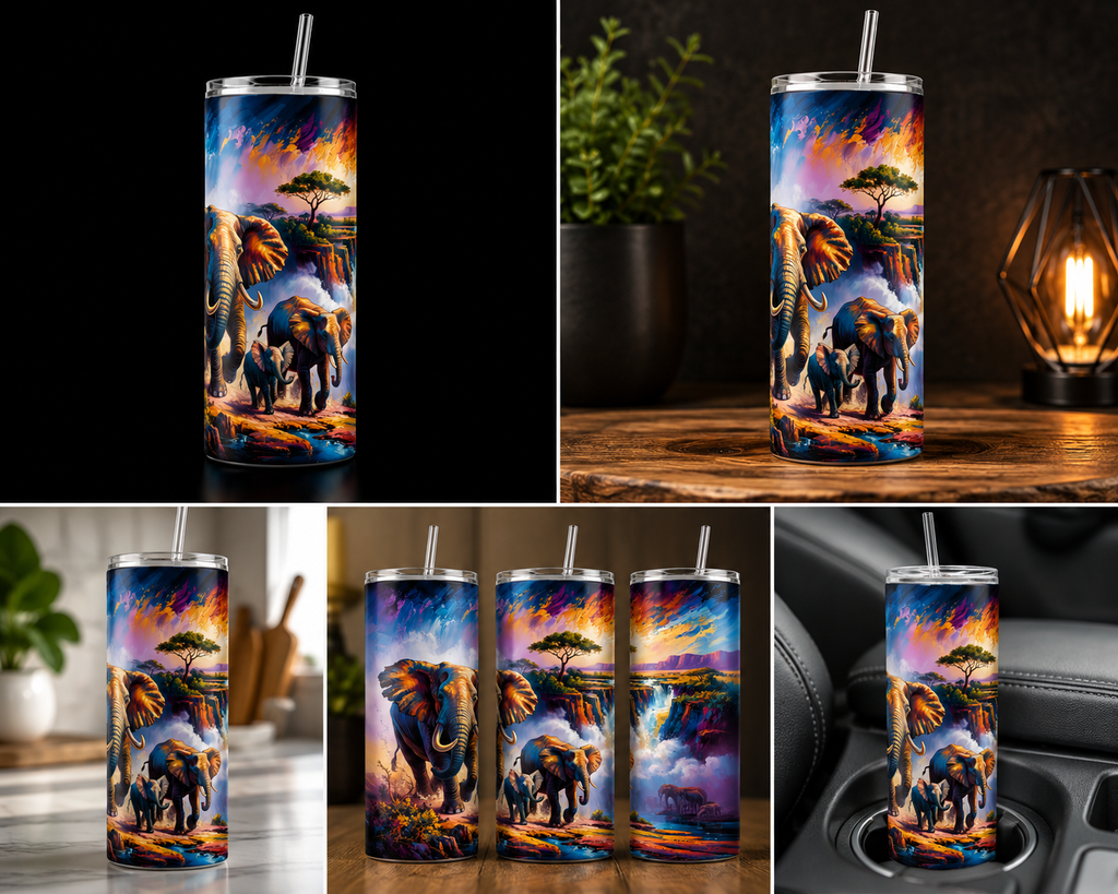 A collage showing a tall insulated tumbler with a clear lid and straw in multiple settings. The tumbler features a vivid wraparound print of elephants walking through a dramatic landscape with colorful sky and warm glowing ground.