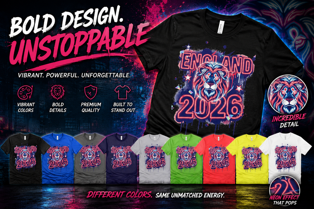 England 2026 Neon Lion T-Shirt | World Cup Fan Tee | Streetwear Graphic Shirt