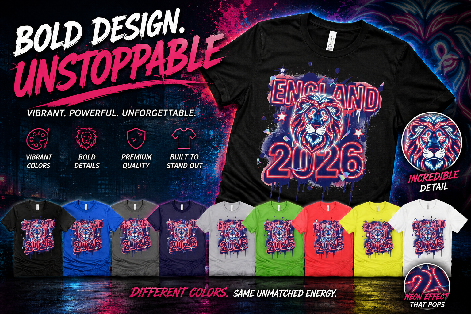 England 2026 Neon Lion T-Shirt | World Cup Fan Tee | Streetwear Graphic Shirt