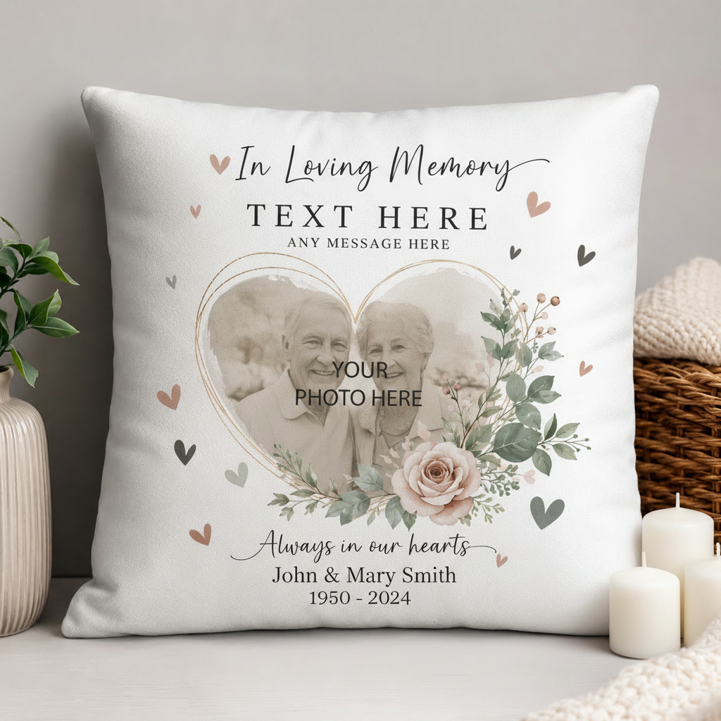 A square white memorial throw pillow styled on a tabletop with candles, a vase, and a basket in the background. The pillow features a customizable design with a heart-shaped placeholder photo of an elderly couple, floral watercolor accents, and text reading 'In Loving Memory' and 'Always in our hearts John & Mary Smith 1950 - 2024'.